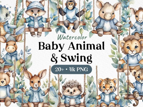 Bring Playful Charm to Projects with Animal Swing Watercolor PNGs