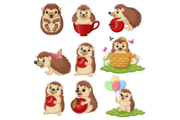 Set of Nine Cute Cartoon Hedgehog Animal: Adorable Design Assets