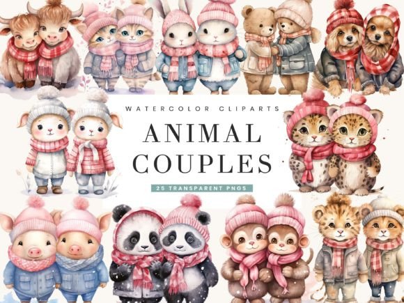Watercolor Animal Couples Clipart Bundle for Designers