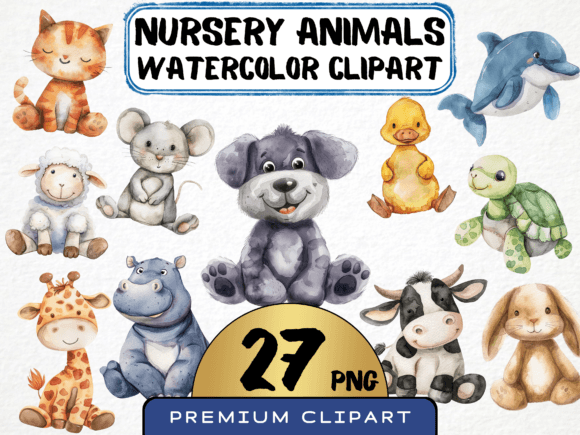 Watercolor Nursery Animal Clipart: 27 PNGs for Creative Projects